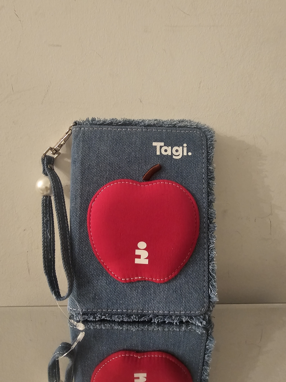 Tagi Denim Wristlet Wallet with Red Apple Accent